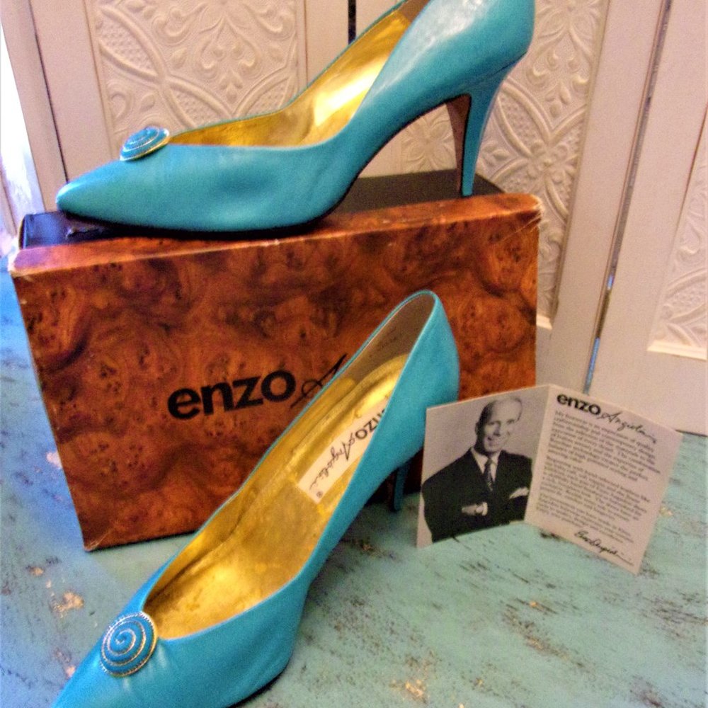 Vintage ENZO ANGIOLINI SHOES Size 10 Bright Aqua "Ballet" Leather Pumps w/Box